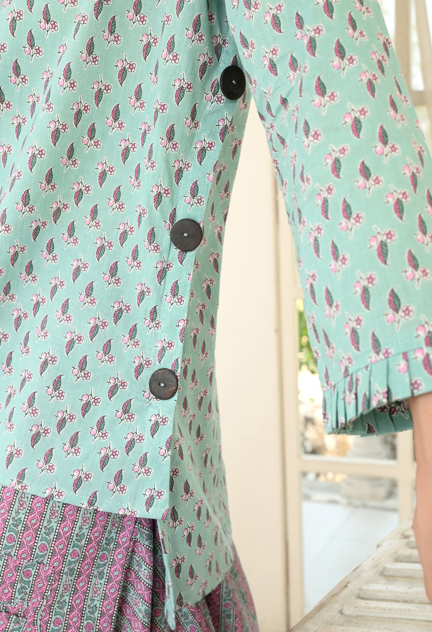 IVES Turquoise & Pink Floral Hand-Block Shirt & Striped Utility Dhoti Co-ord Set