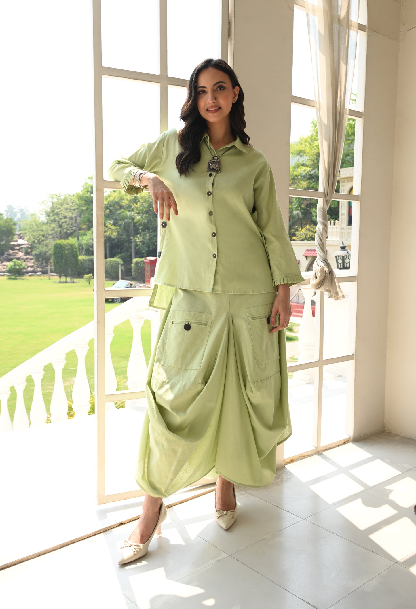 Sukoon Drape Skirt Co-ord Set – Sage Green