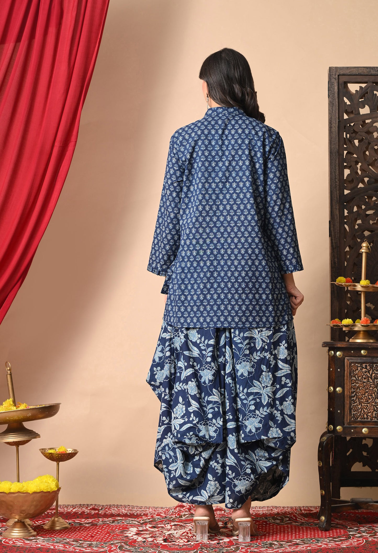 Indigo Blue Printed Cotton Shirt and Draped Dhoti Set