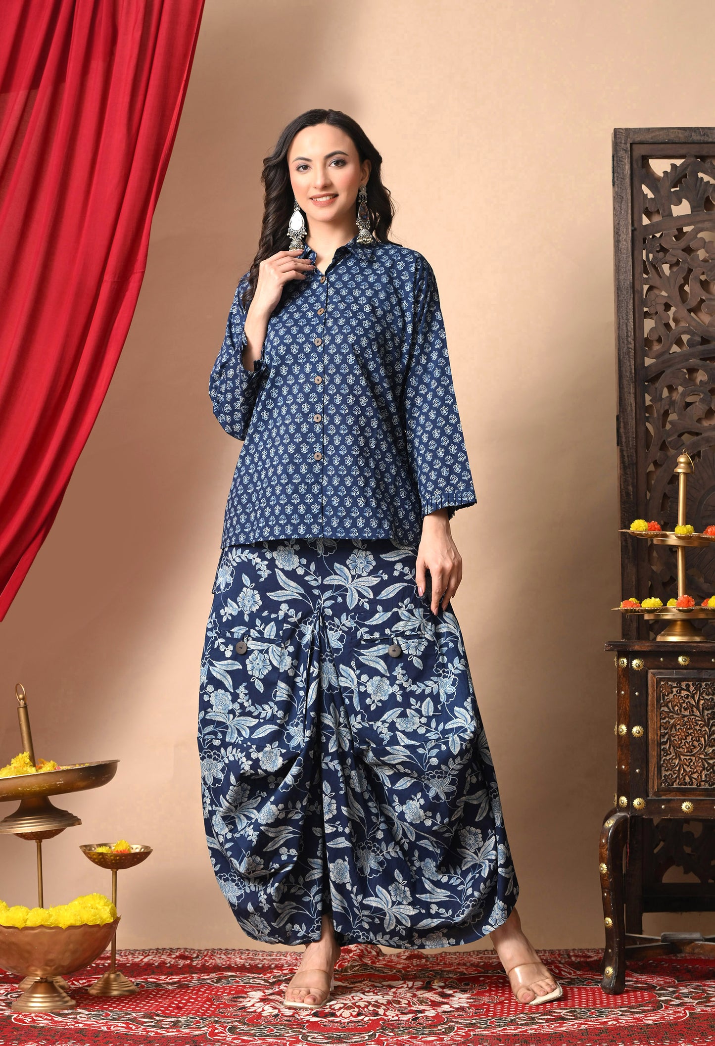 Indigo Blue Printed Cotton Shirt and Draped Dhoti Set