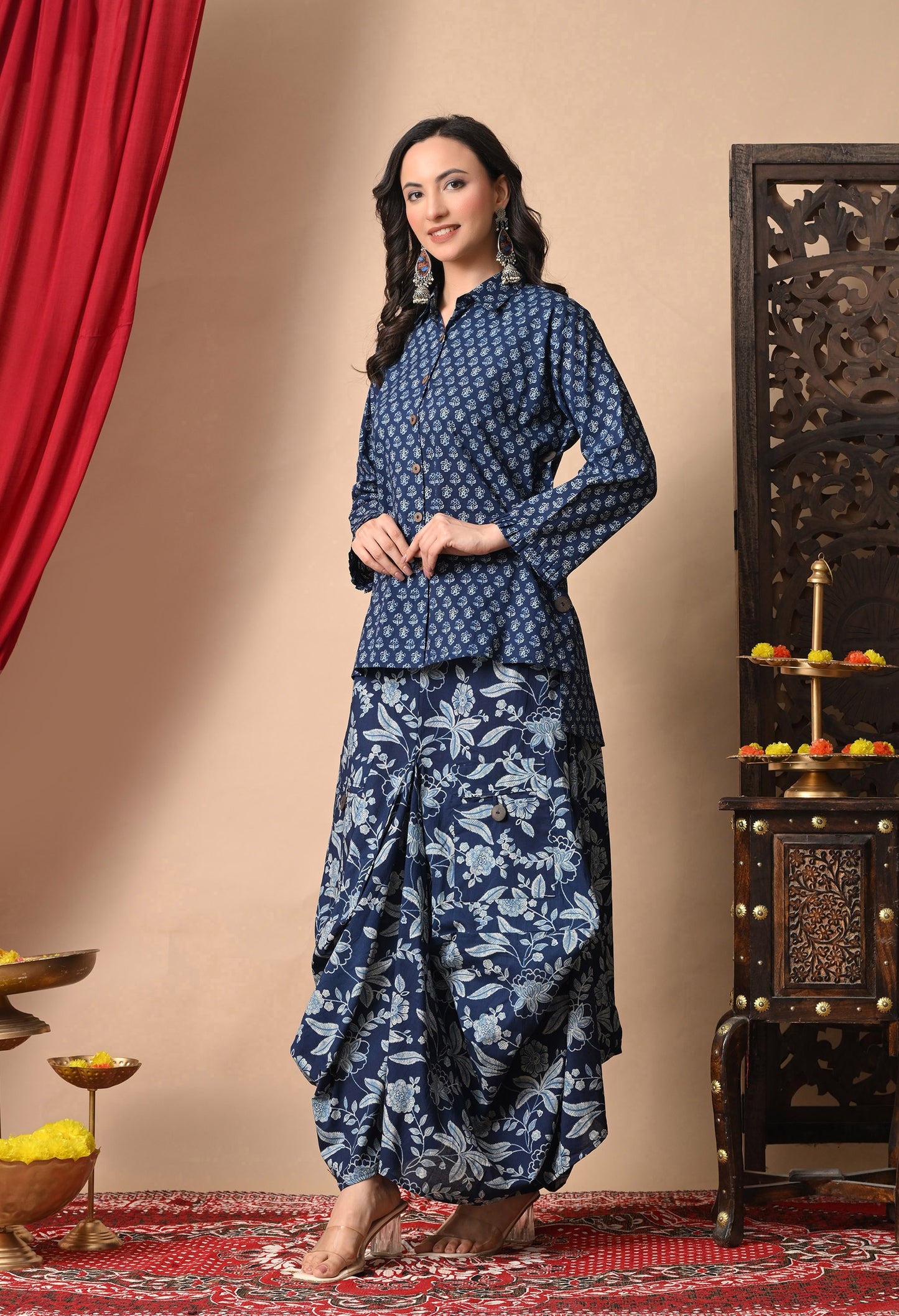 Indigo Blue Printed Cotton Shirt and Draped Dhoti Set