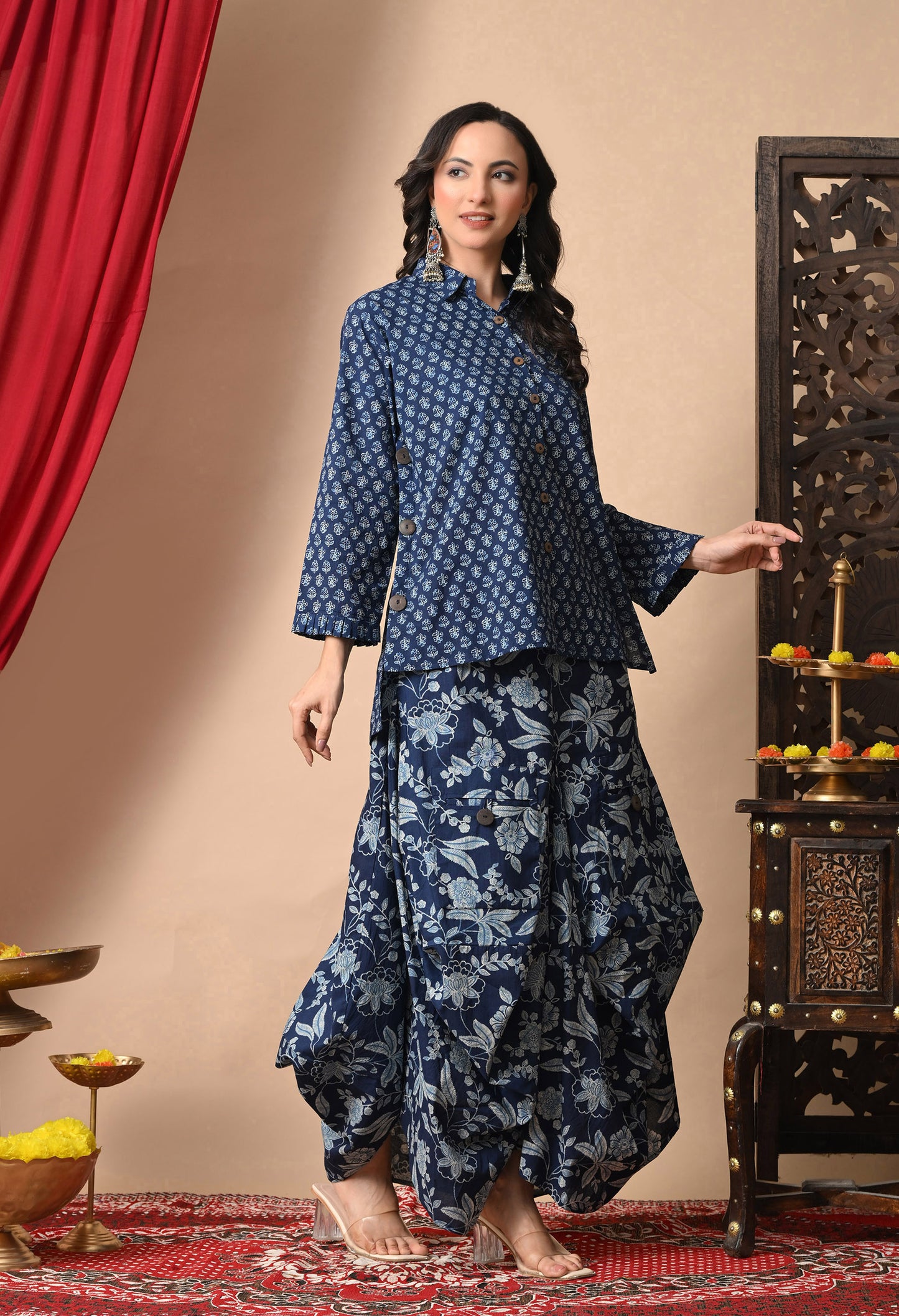 Indigo Blue Printed Cotton Shirt and Draped Dhoti Set