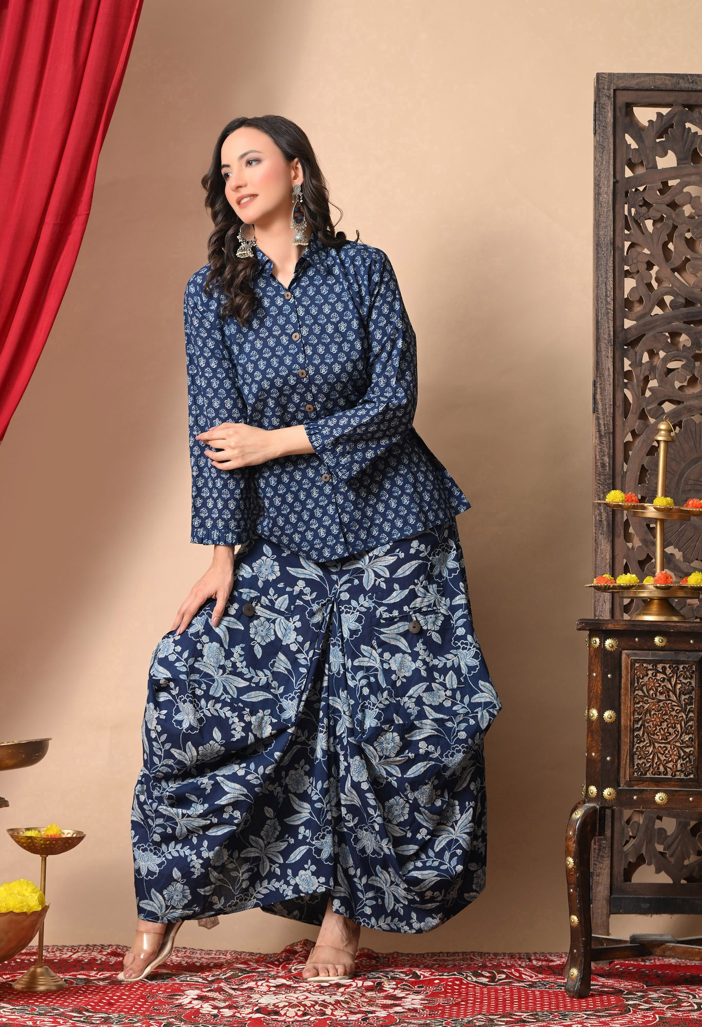 Indigo Blue Printed Cotton Shirt and Draped Dhoti Set
