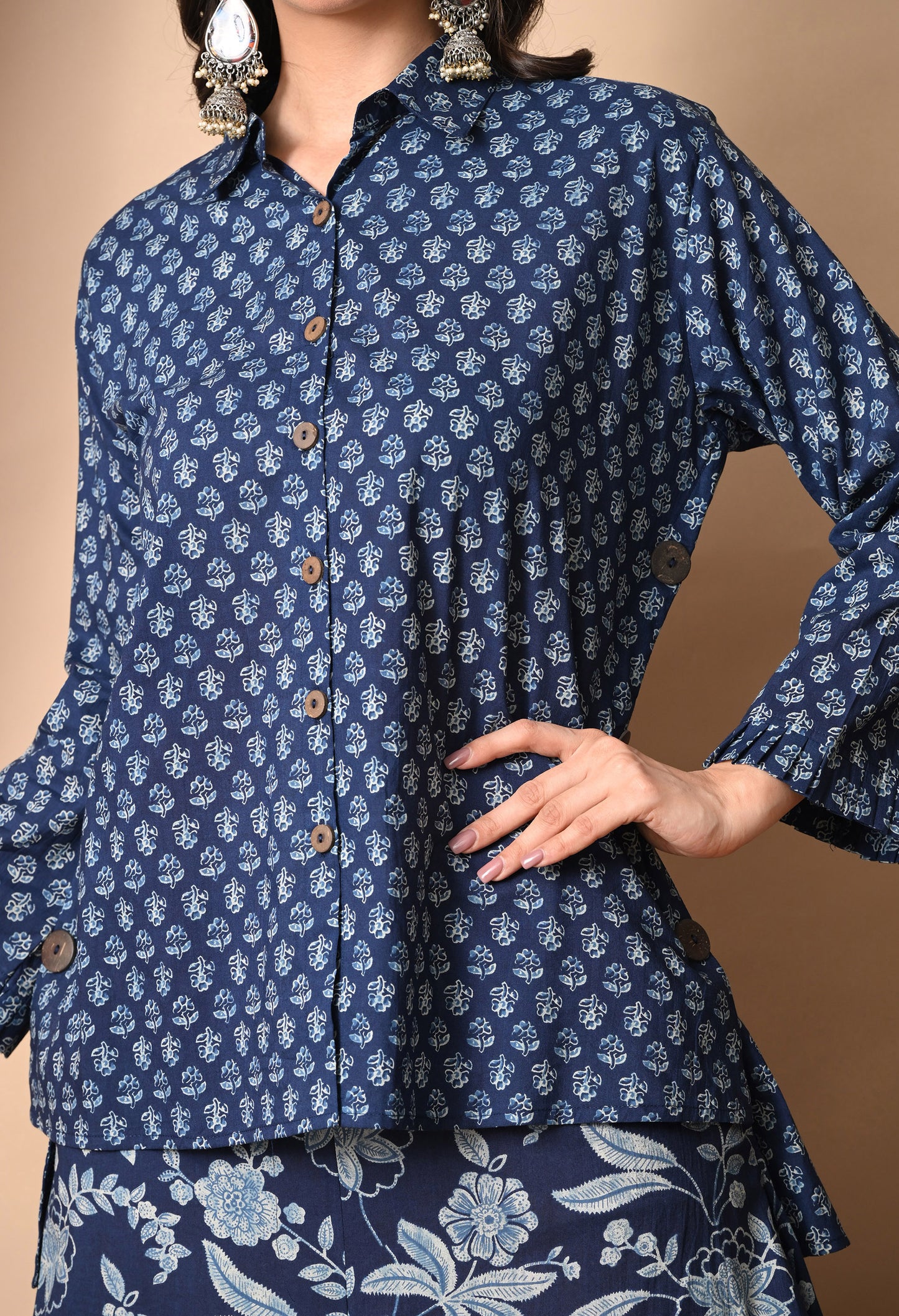 Indigo Blue Printed Cotton Shirt and Draped Dhoti Set