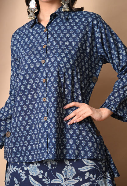 Indigo Blue Printed Cotton Shirt and Draped Dhoti Set