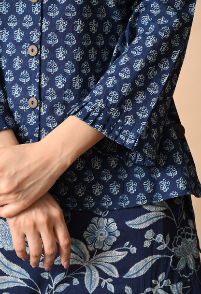Indigo Blue Printed Cotton Shirt and Draped Dhoti Set