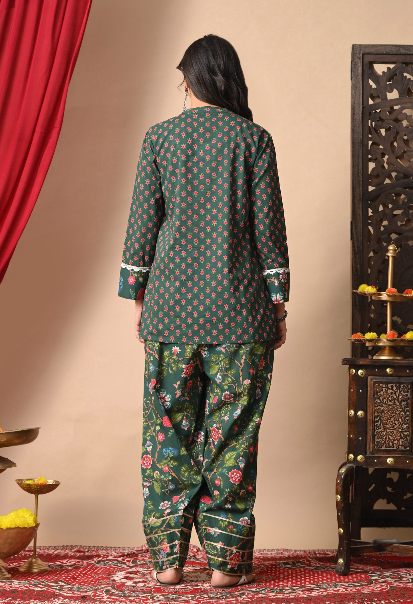Deep Green Jaal Print Cotton Kurta with Farshi Salwar Set