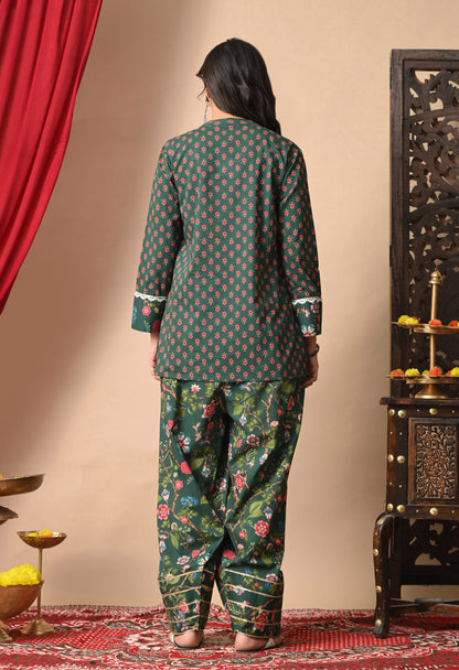 Deep Green Jaal Print Cotton Kurta with Farshi Salwar Set