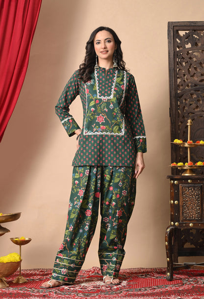 Deep Green Jaal Print Cotton Kurta with Farshi Salwar Set