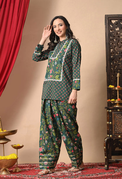 Deep Green Jaal Print Cotton Kurta with Farshi Salwar Set