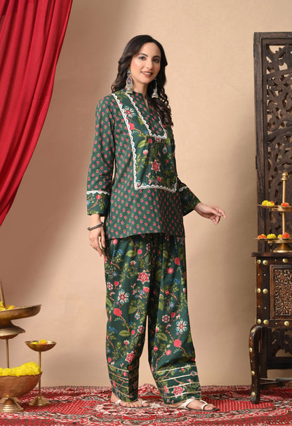 Deep Green Jaal Print Cotton Kurta with Farshi Salwar Set