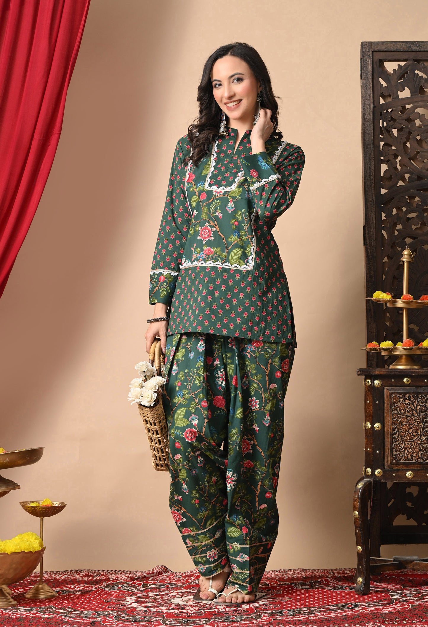 Deep Green Jaal Print Cotton Kurta with Farshi Salwar Set