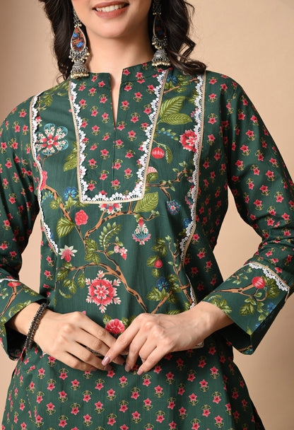 Deep Green Jaal Print Cotton Kurta with Farshi Salwar Set