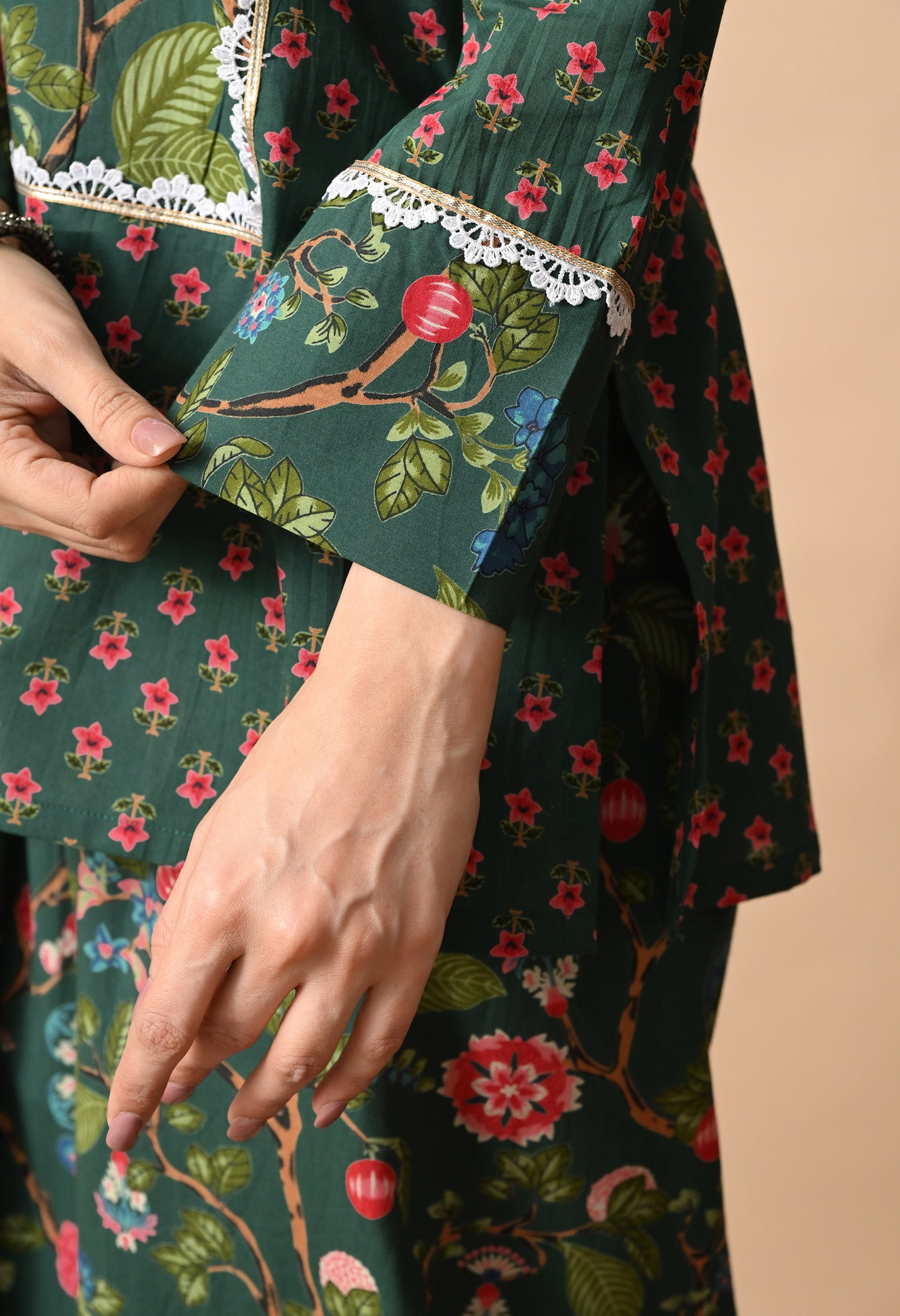 Deep Green Jaal Print Cotton Kurta with Farshi Salwar Set