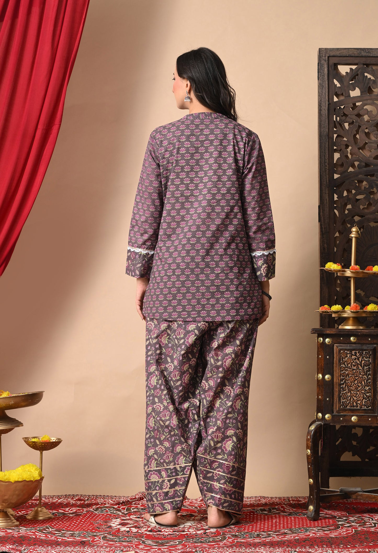 Dusky Rose Lotus Print Cotton Kurta with Farshi Salwar Set