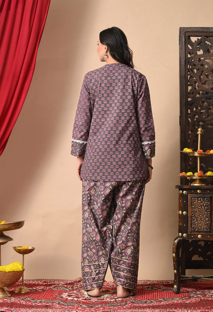 Dusky Rose Lotus Print Cotton Kurta with Farshi Salwar Set