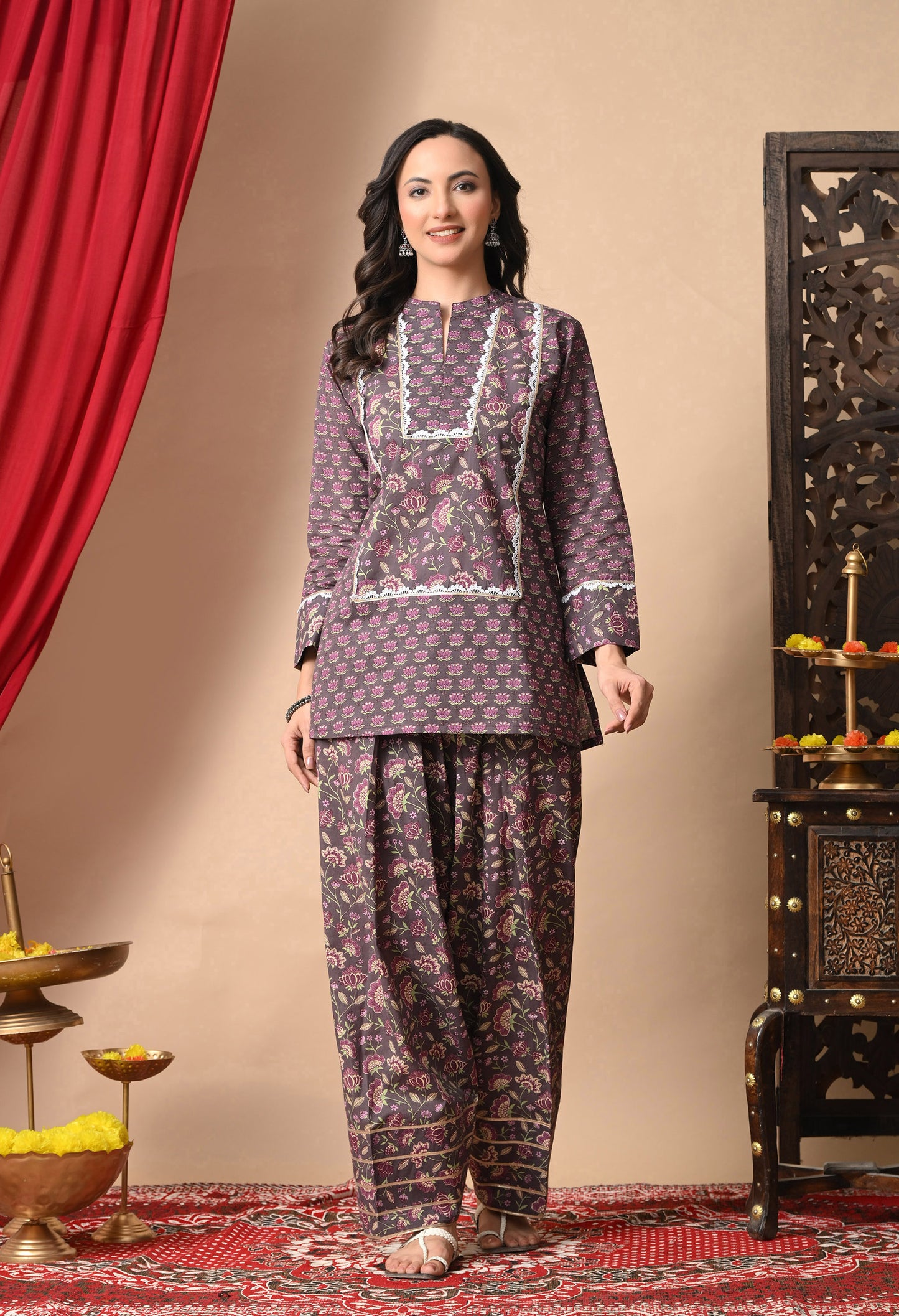 Dusky Rose Lotus Print Cotton Kurta with Farshi Salwar Set