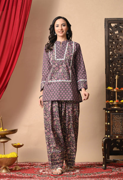 Dusky Rose Lotus Print Cotton Kurta with Farshi Salwar Set