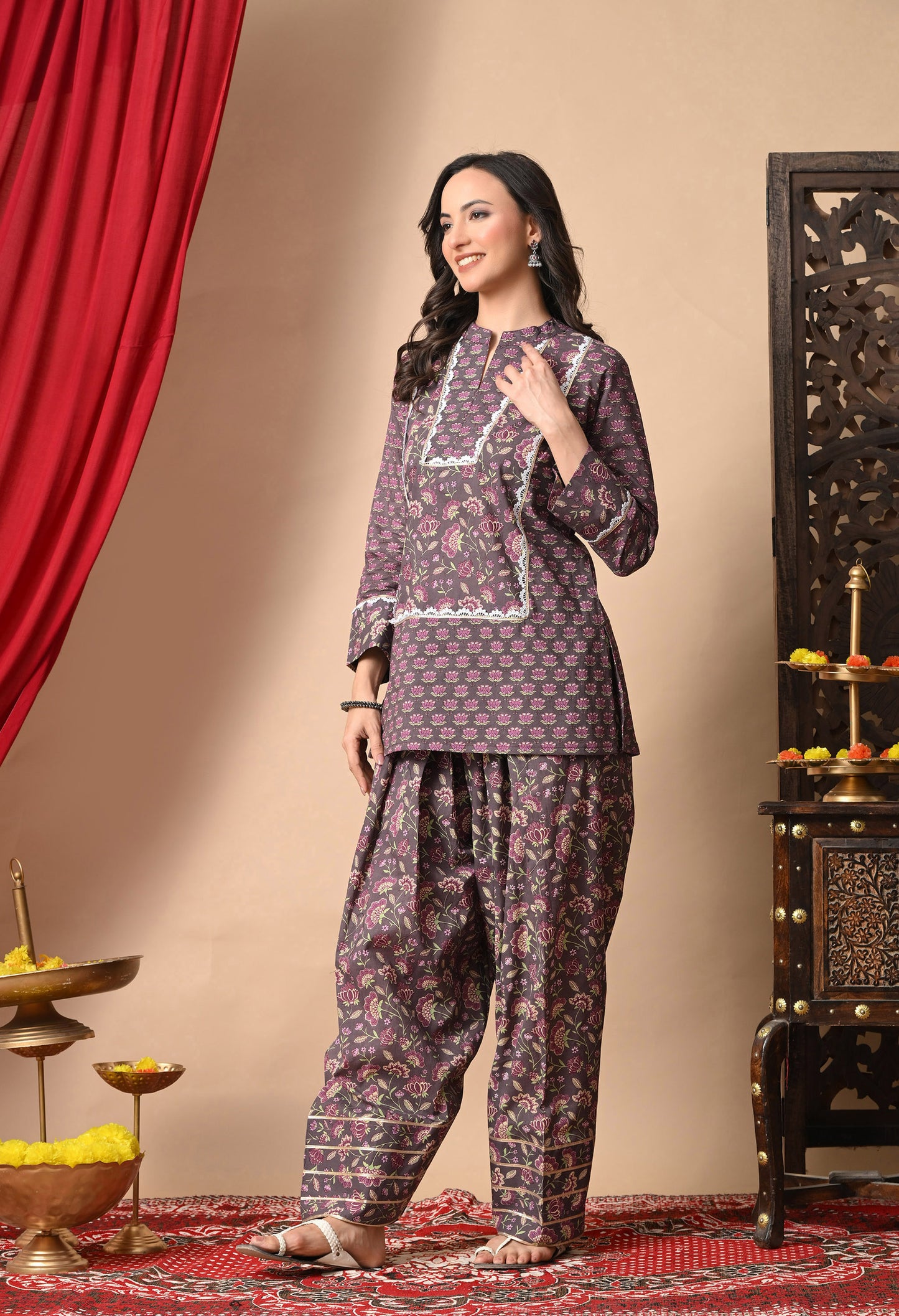 Dusky Rose Lotus Print Cotton Kurta with Farshi Salwar Set