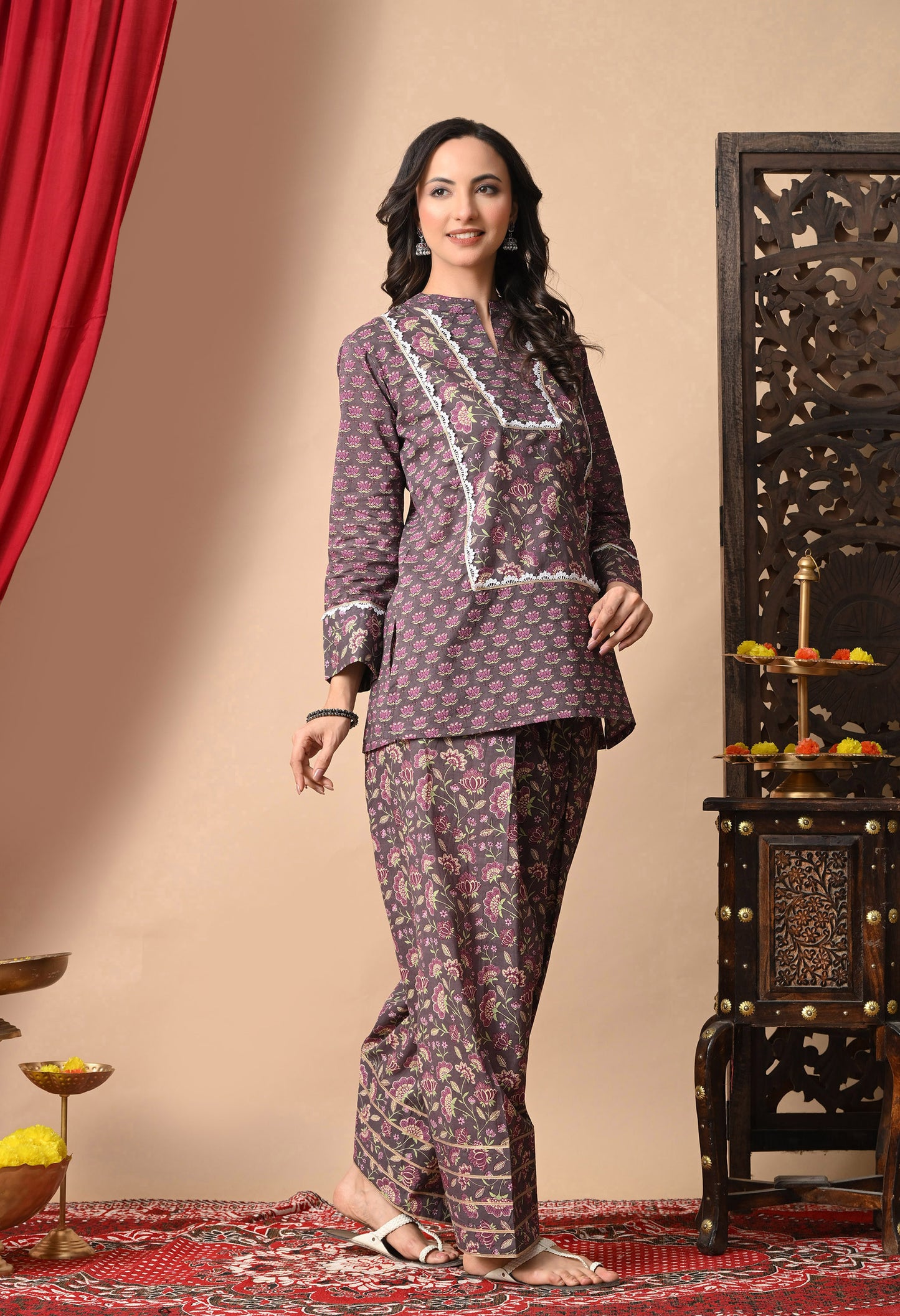 Dusky Rose Lotus Print Cotton Kurta with Farshi Salwar Set