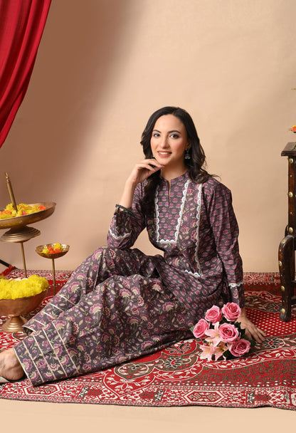 Dusky Rose Lotus Print Cotton Kurta with Farshi Salwar Set