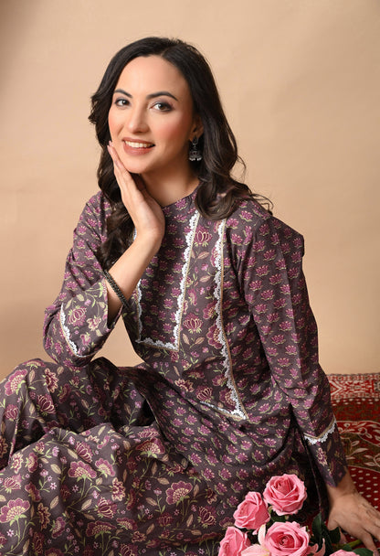 Dusky Rose Lotus Print Cotton Kurta with Farshi Salwar Set