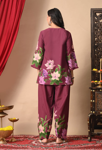 Noor Wine Lotus Print Farshi Salwar Set