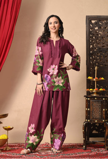 Noor Wine Lotus Print Farshi Salwar Set
