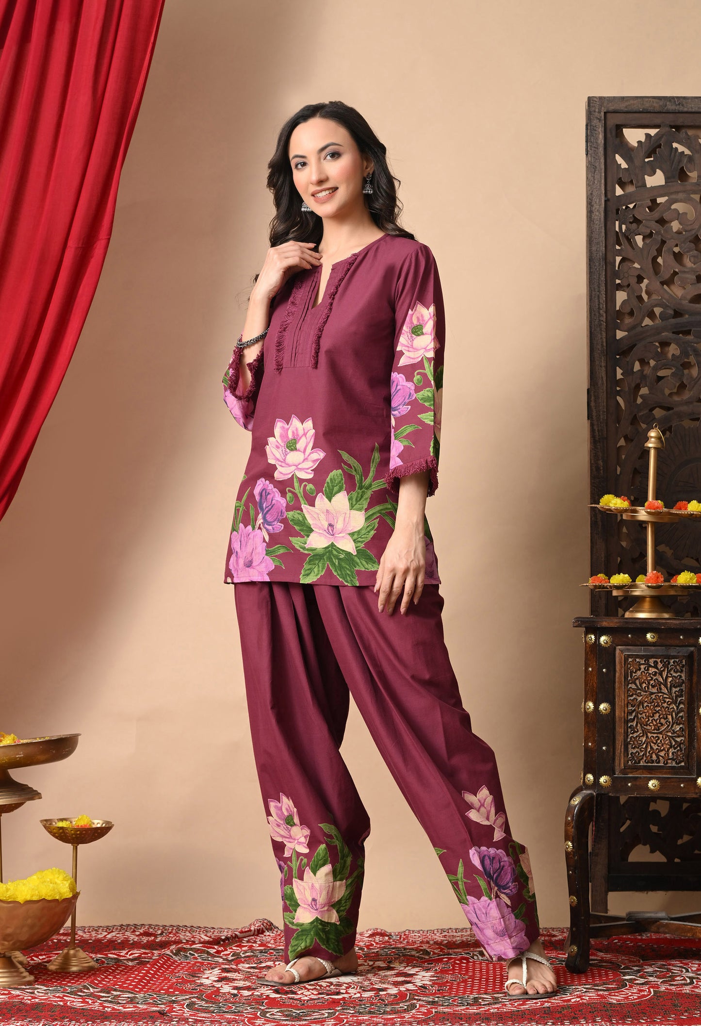 Noor Wine Lotus Print Farshi Salwar Set