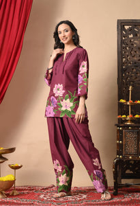 Noor Wine Lotus Print Farshi Salwar Set