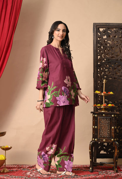 Noor Wine Lotus Print Farshi Salwar Set