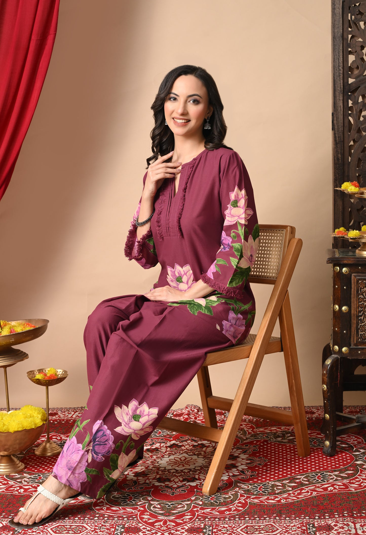 Noor Wine Lotus Print Farshi Salwar Set