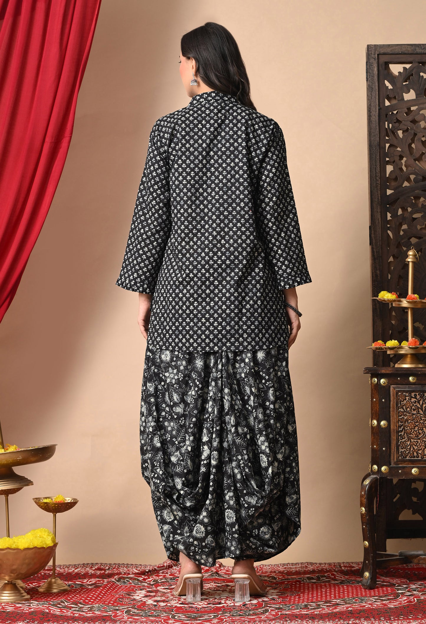 Black & White Printed Cotton Shirt and Draped Dhoti Set