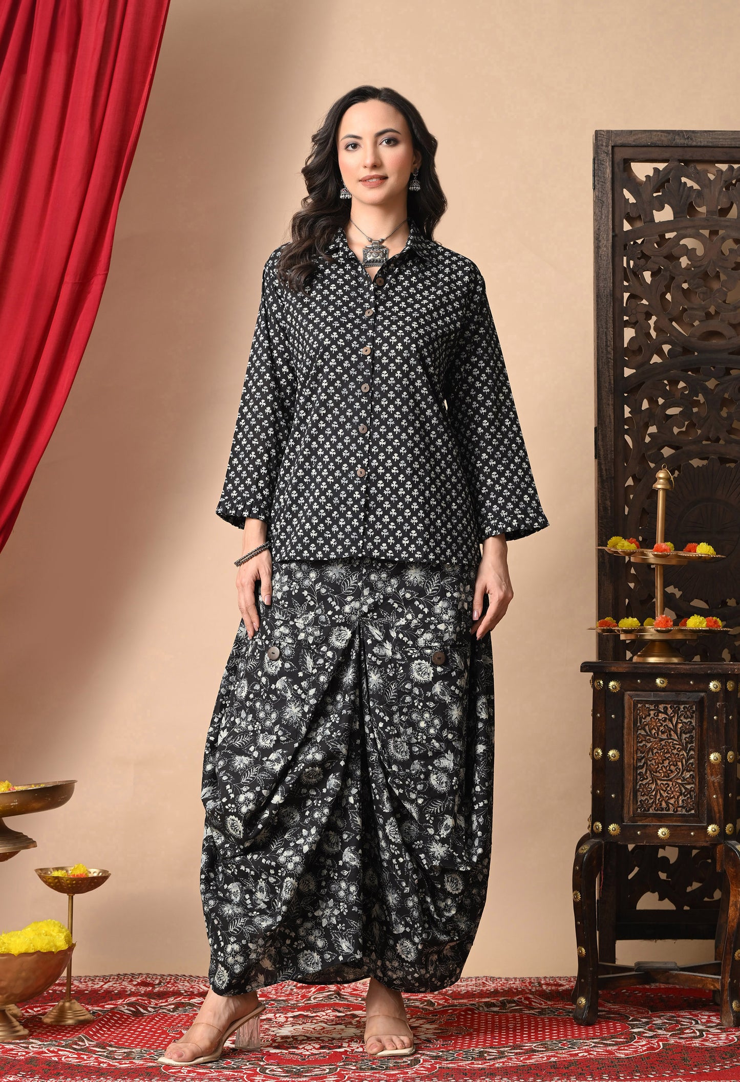 Black & White Printed Cotton Shirt and Draped Dhoti Set