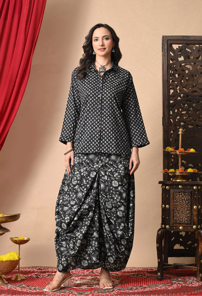 Black & White Printed Cotton Shirt and Draped Dhoti Set