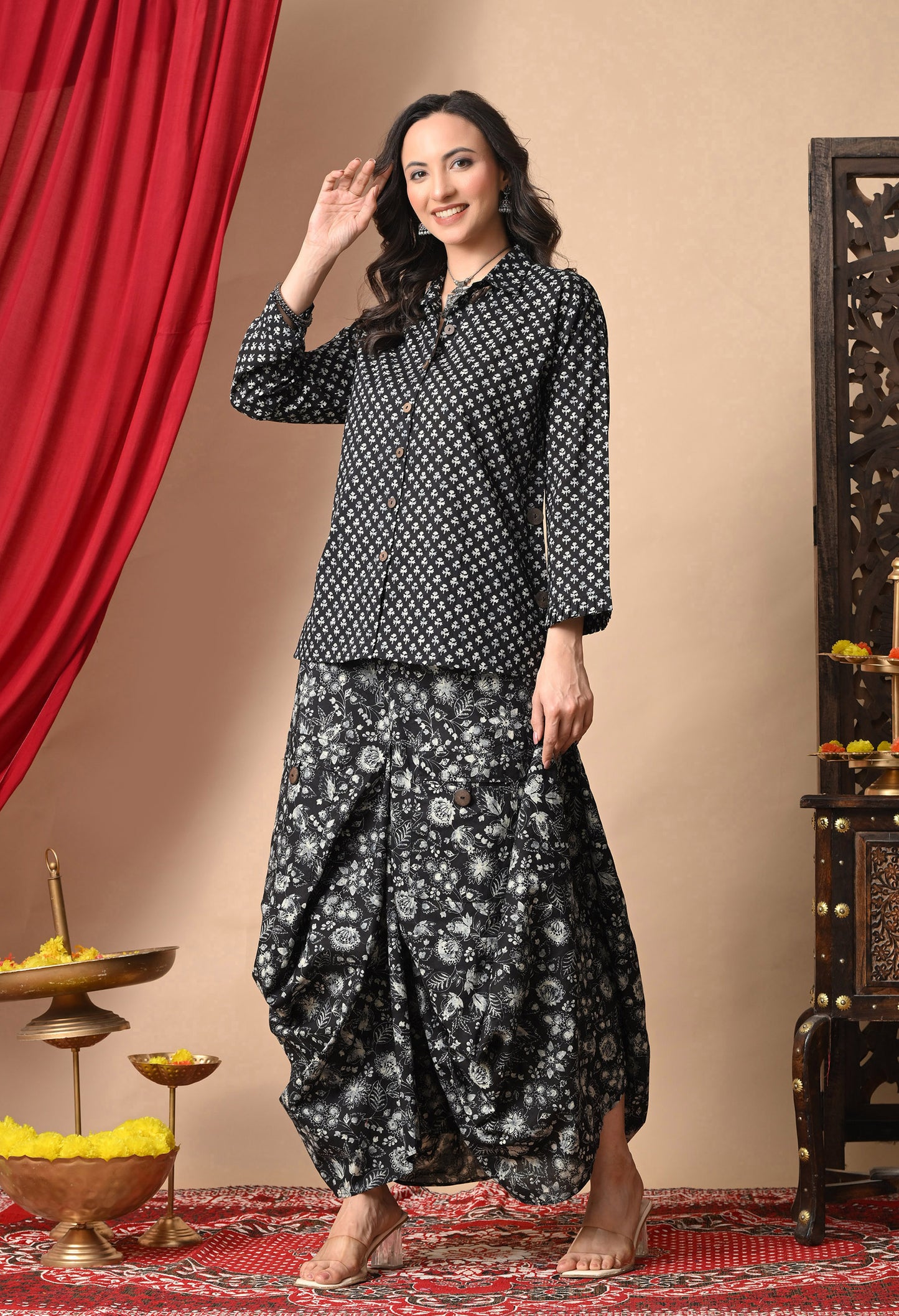 Black & White Printed Cotton Shirt and Draped Dhoti Set