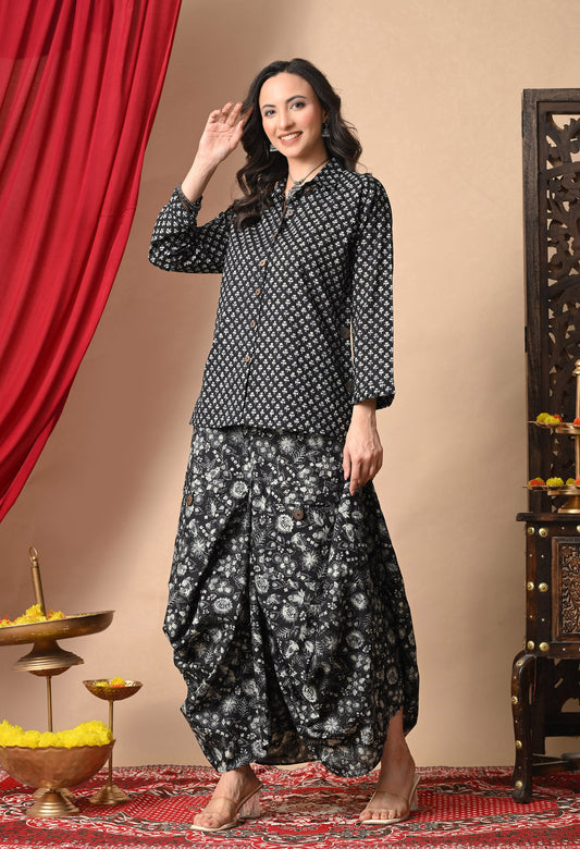 Black & White Printed Cotton Shirt and Draped Dhoti Set