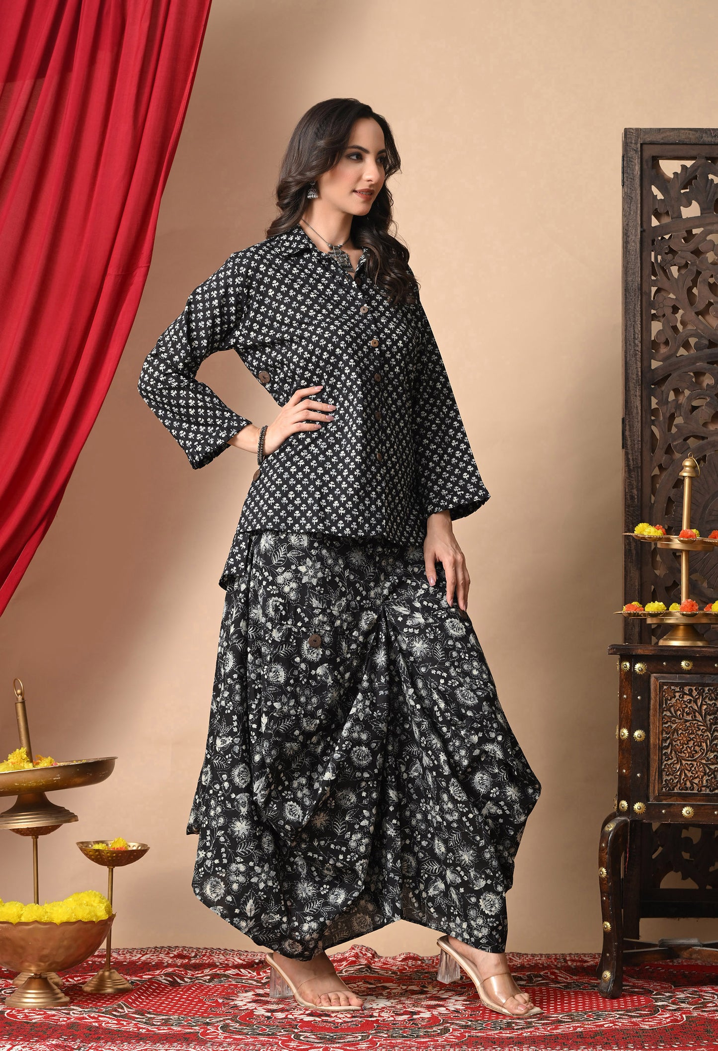 Black & White Printed Cotton Shirt and Draped Dhoti Set