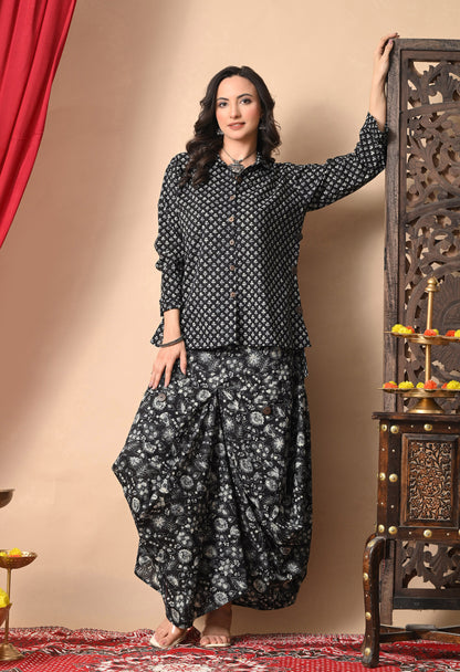 Black & White Printed Cotton Shirt and Draped Dhoti Set