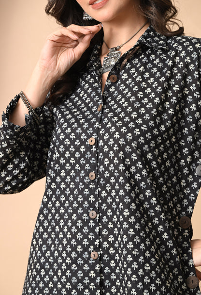 Black & White Printed Cotton Shirt and Draped Dhoti Set