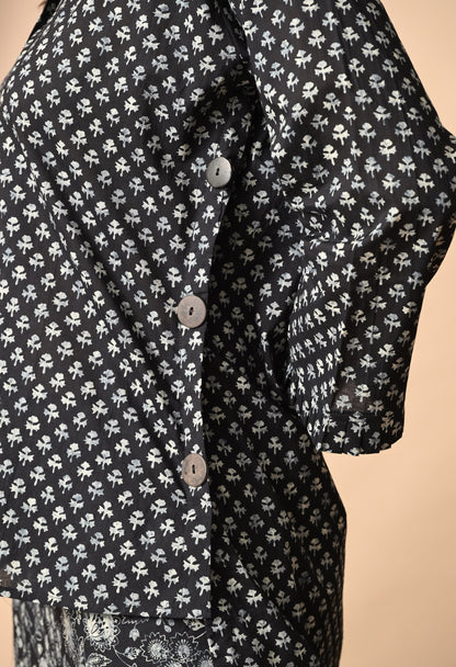 Black & White Printed Cotton Shirt and Draped Dhoti Set