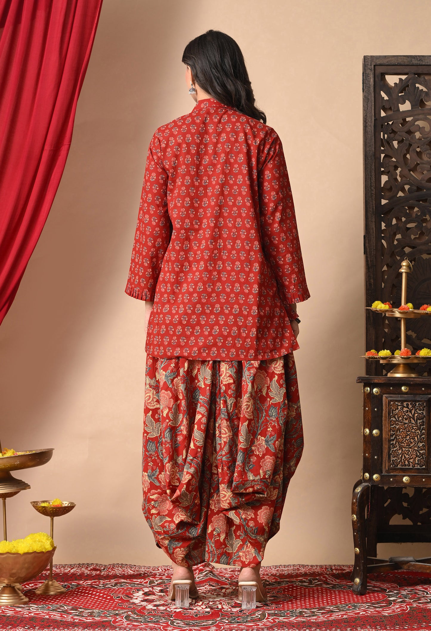 Festive Red Printed Cotton Shirt and Draped Dhoti Set
