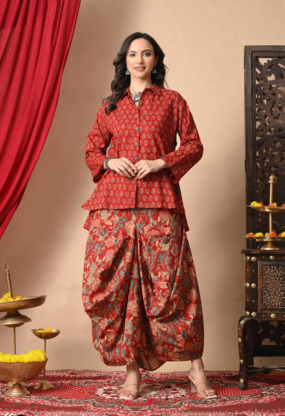 Festive Red Printed Cotton Shirt and Draped Dhoti Set