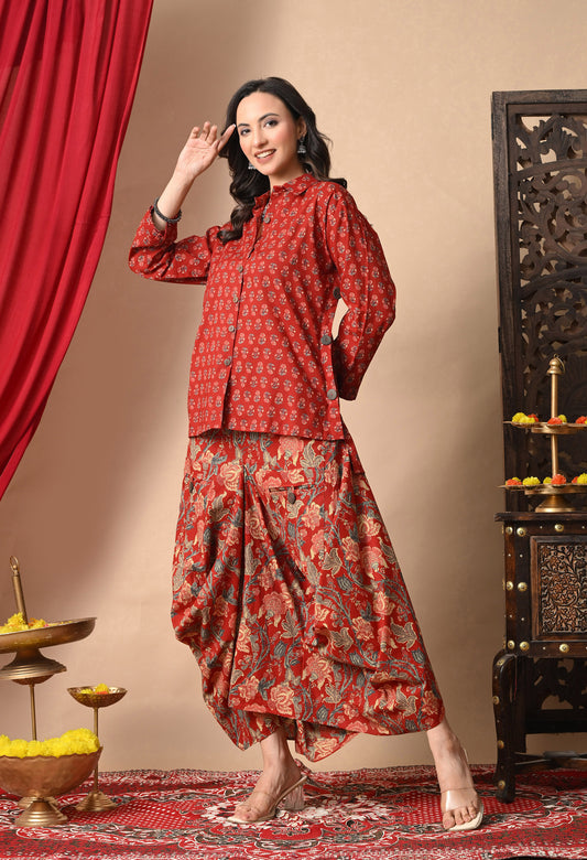 Festive Red Printed Cotton Shirt and Draped Dhoti Set