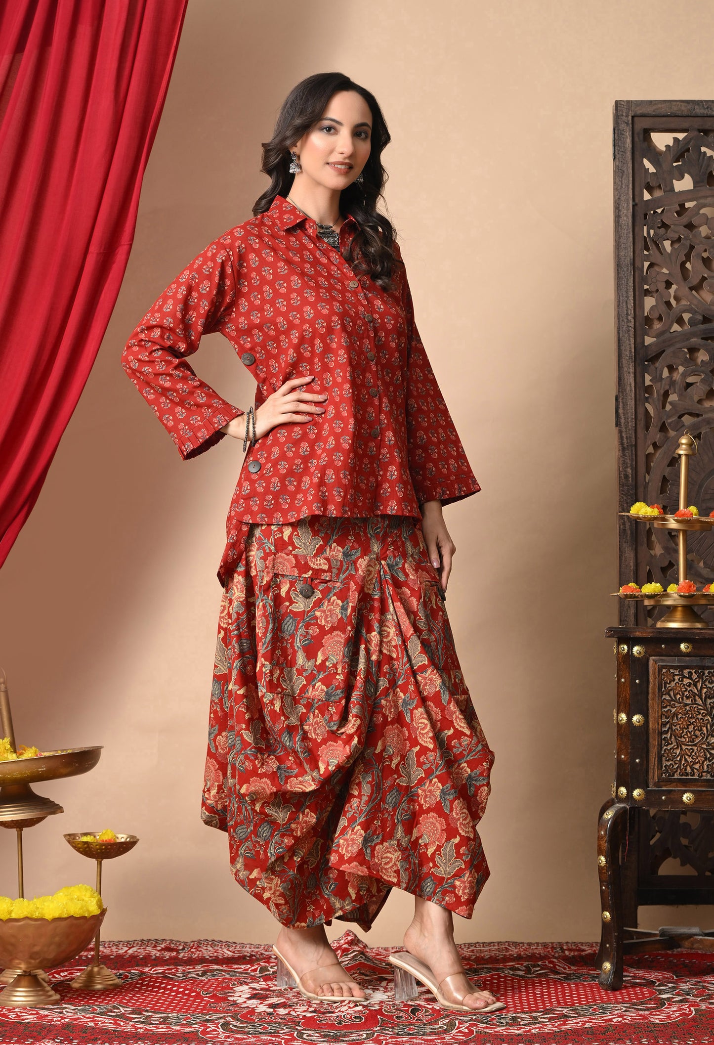 Festive Red Printed Cotton Shirt and Draped Dhoti Set