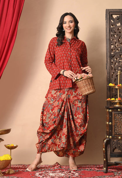Festive Red Printed Cotton Shirt and Draped Dhoti Set