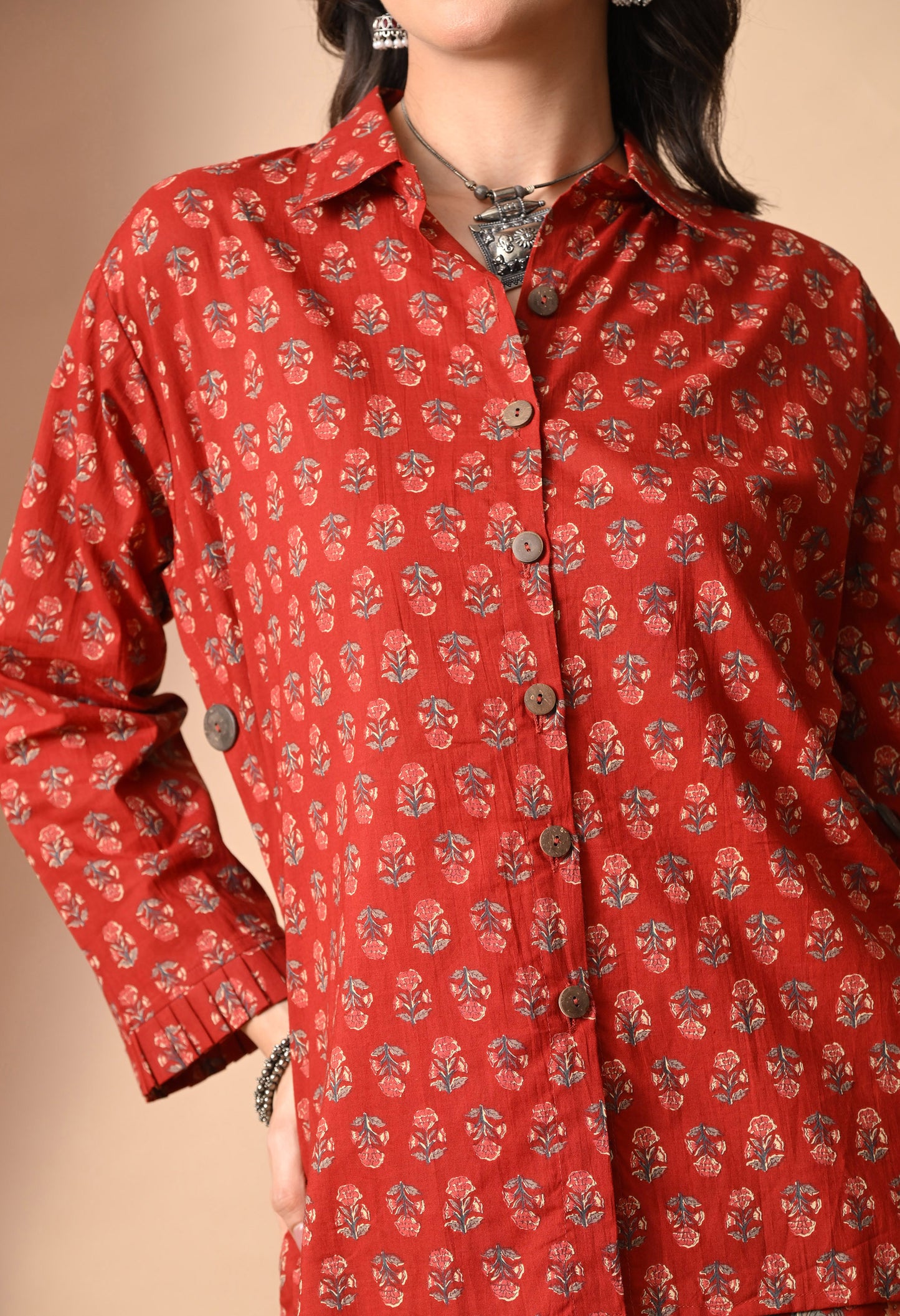 Festive Red Printed Cotton Shirt and Draped Dhoti Set
