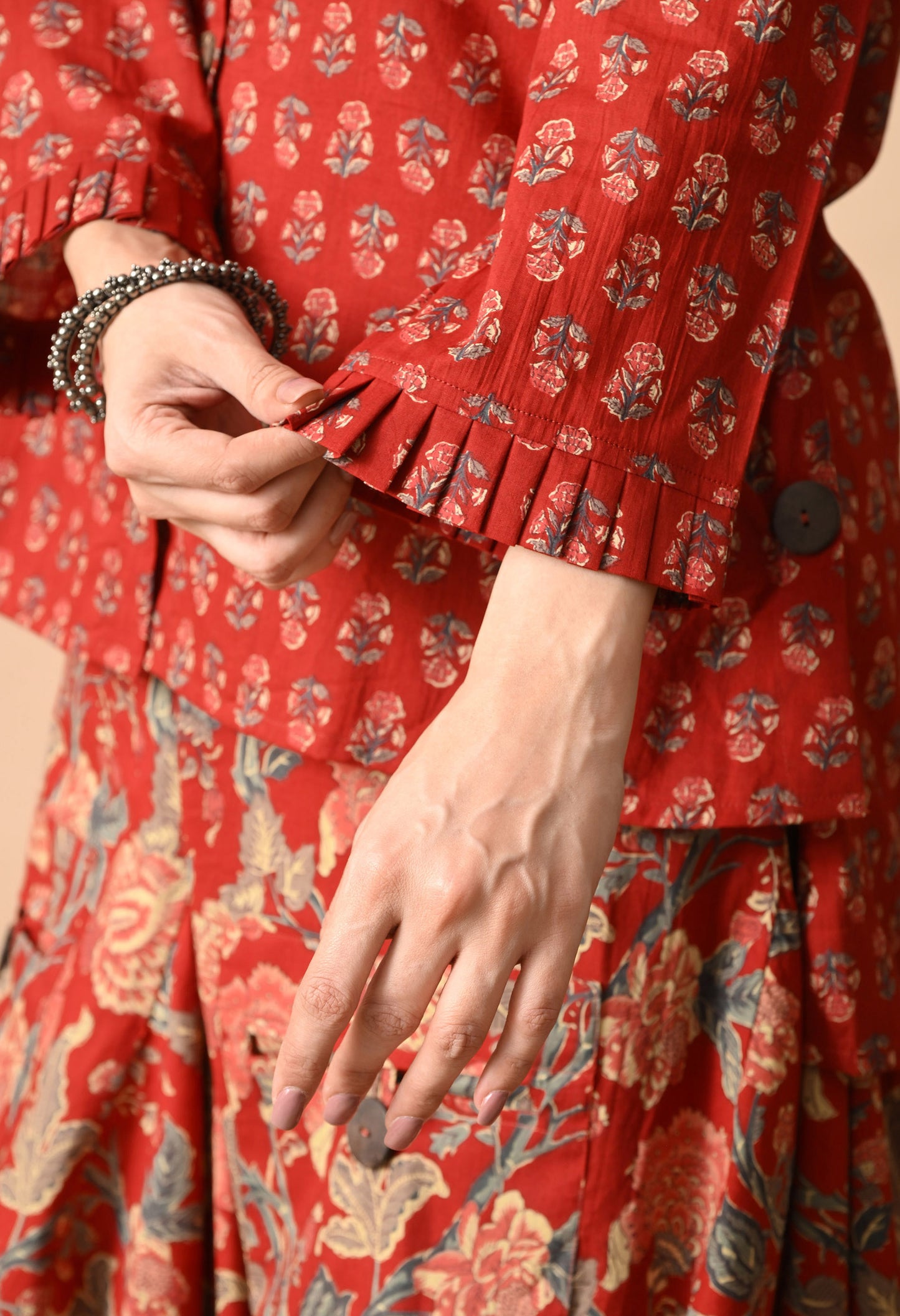 Festive Red Printed Cotton Shirt and Draped Dhoti Set