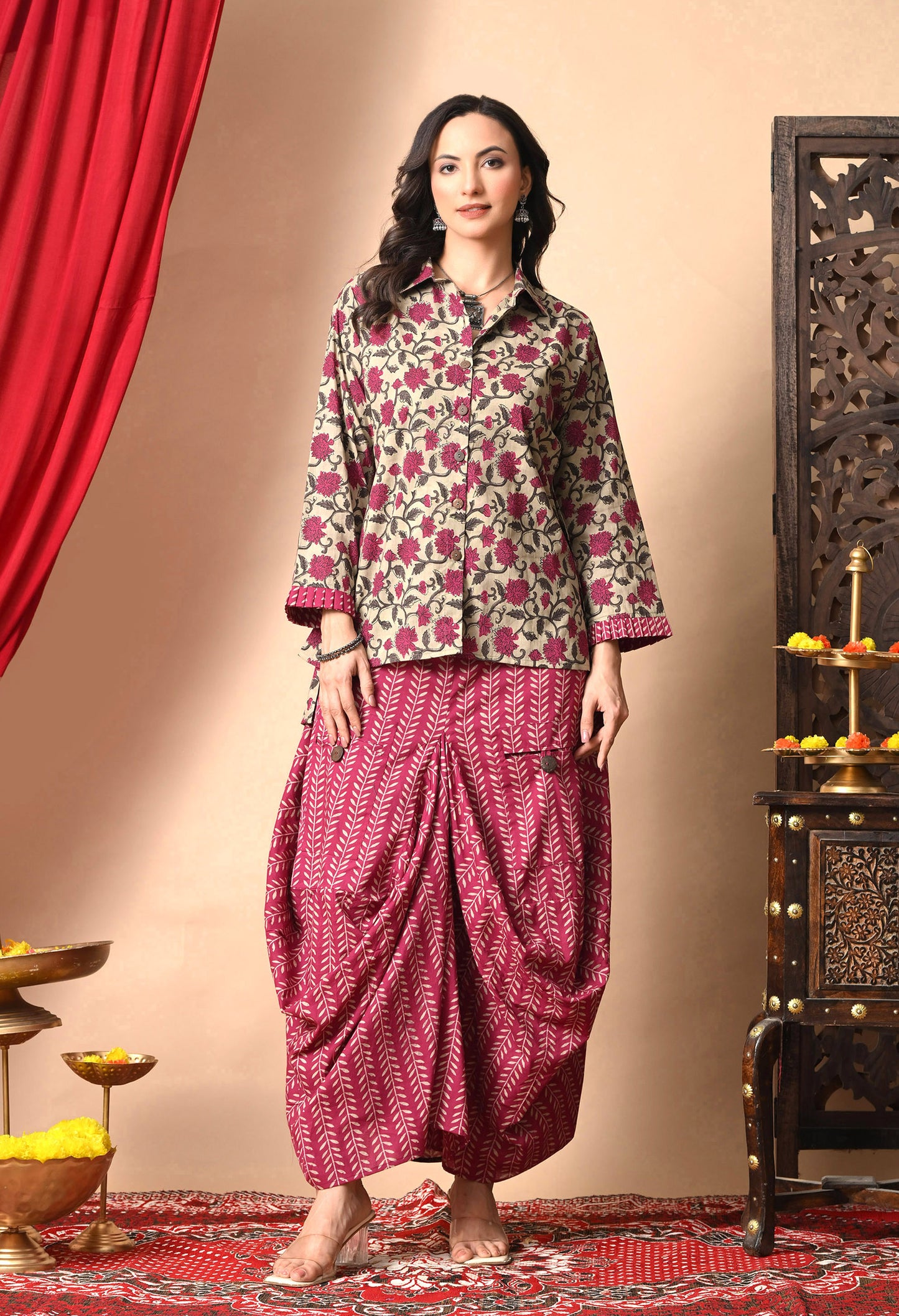 Magenta & Khaki Floral Cotton Co-ord Set with Draped Bottom