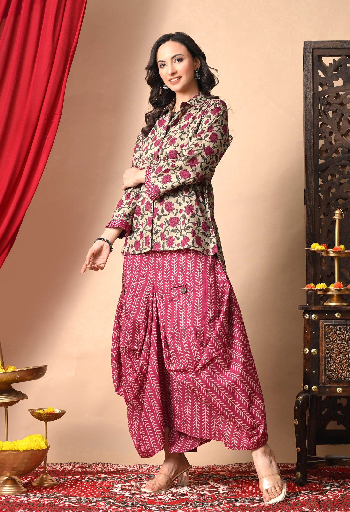 Magenta & Khaki Floral Cotton Co-ord Set with Draped Bottom